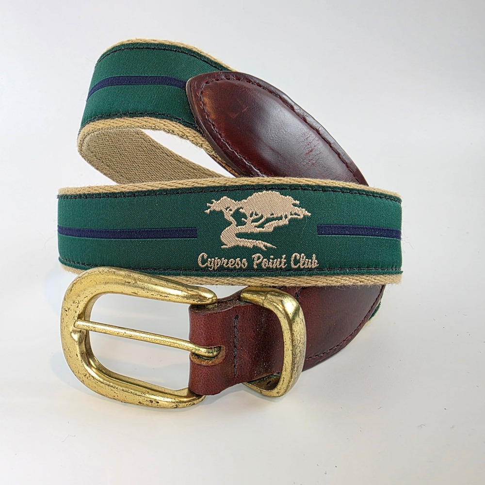 YRI Cypress Point Club Mens Golf Belt Green Ribbon Leather Brass Buckle sz 36